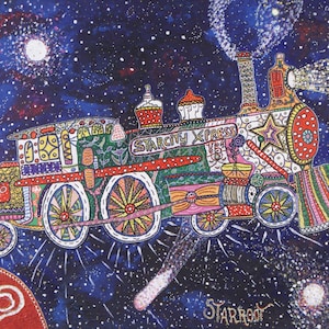 Holiday Gift, Starcity xpress, train engine, train art, wall art, 16x20, folk art, visionary art, self taught art, steam engine