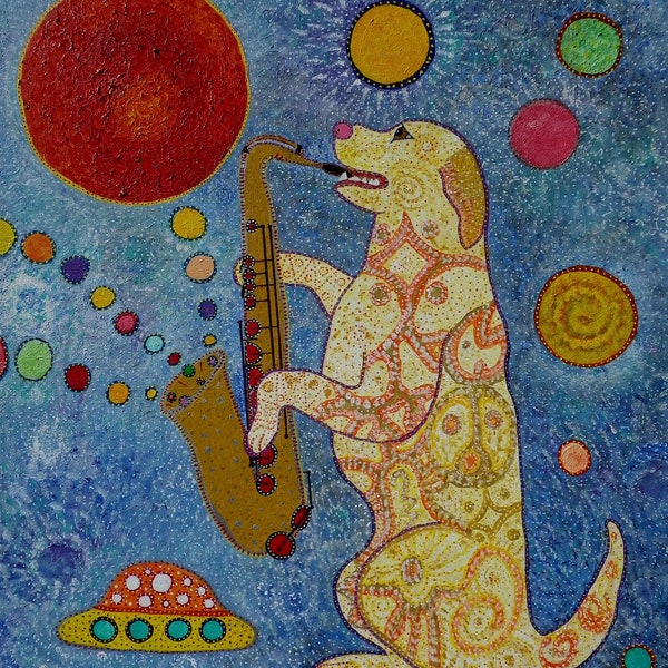 Saxophone playing dog lab Labrador Art print signed on Canvas Giclee by Starroot 8x12"  Folk Art