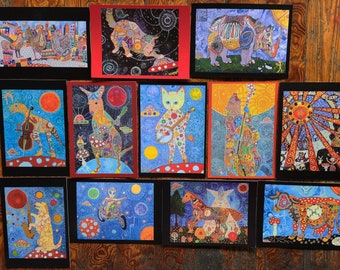 12 mixed or selected Starroot postcards 6x4.5" horse, dog, cat, banjo, saxophone, rhino, dino, cello, bear, bass, harley, kangaroo, cow.