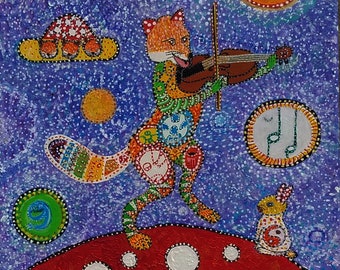 Fox playing fiddle, violin, folk art, Starroot, Music, Bluegrass, Folk, holiday gift, birthday gift, wall art, 8x8" signed Giclee print