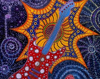 Space Caster electric Guitar, red white polka dots, Buddy Guy, Wall art, signed Giclee on canvas, by Starroot, visionary folk art 8x12"