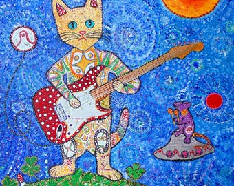 Musical Kitty signed on Canvas Giclee print by Starroot 16x20" gift Folk Art, red white polka dot guitar, Buddy Guy, Holiday