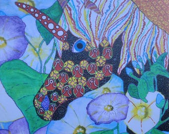 Unicorn wall art folk art, Giclee print 8x8" wall art, Morning glories, happy art, signed, by Starroot, visionary intuitive folk art, gift