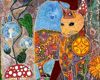 Lynx under Natural Bridge, by Starroot, visionary folk art, Giclee print on canvas 8x12" signed