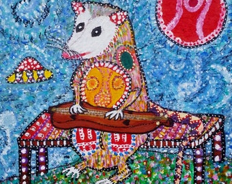 Possum playing Mountain Dulcimer, 8x8 inches, Folk art. Wall art, Opossum, folk art ,music, Giclee canvas print