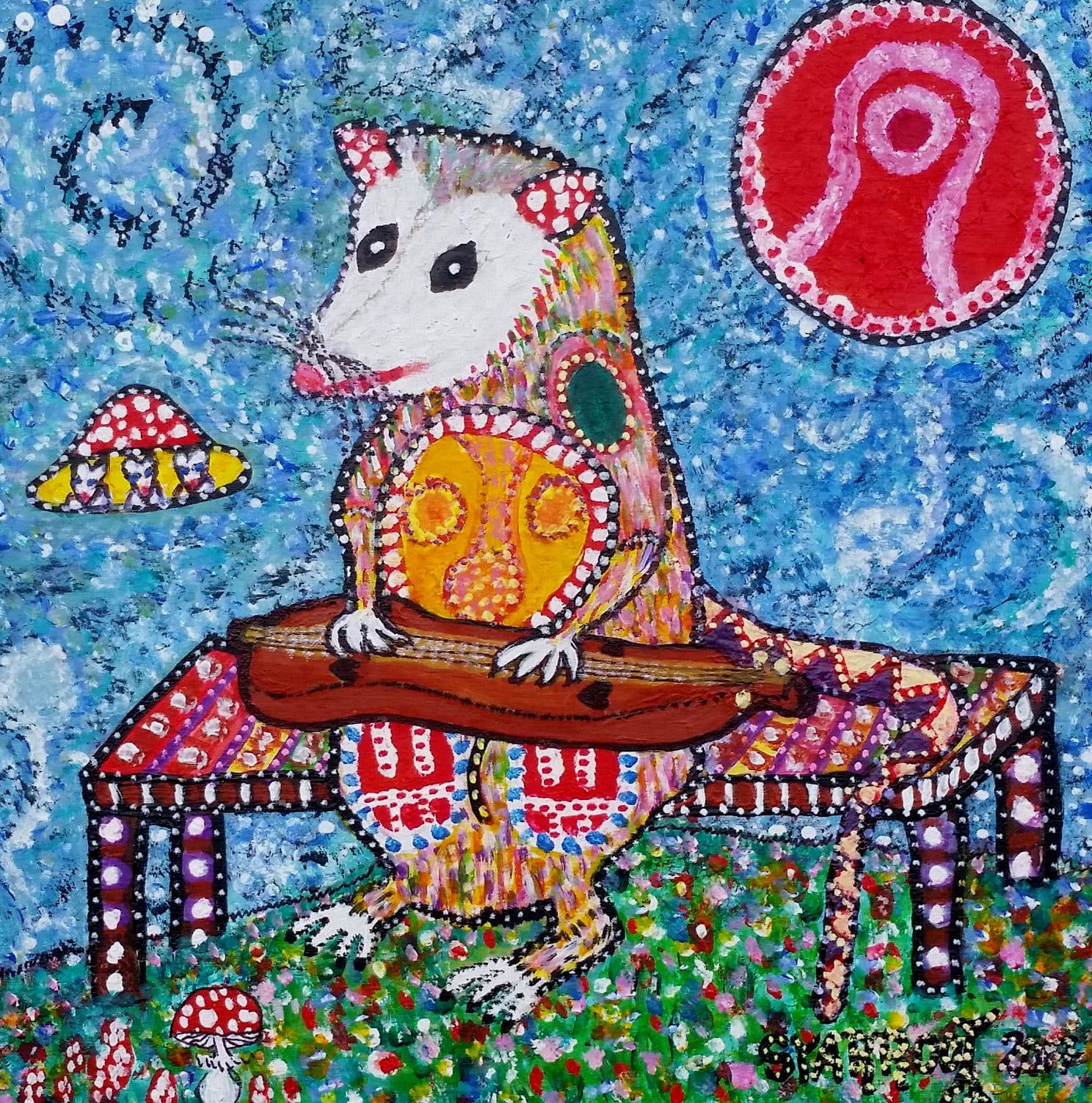 Possum Playing Mountain Dulcimer, Folk Art. 8x8