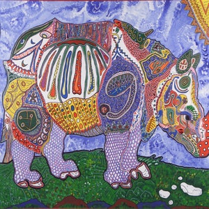 May include: A colorful, abstract painting of a rhinoceros with intricate details and patterns. The rhino is depicted in a vibrant palette of blues, greens, yellows, reds, and purples. The background is a blue sky with clouds and a yellow sun.