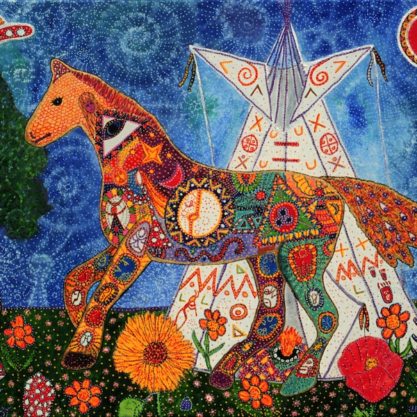 Spirit Horse, by Starroot, Teepee, visionary folk art, signed Giclee print on canvas, wall art 8x12"