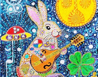 Mandolin Rabbit, Good Luck Easter,Bunny "8x8" signed giclee print Starroot self taught visionary outsider intuitive folk art music