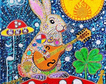 Easter Mandolin Bunny, Rabbit, Good Luck music 11x14" signed giclee print by Starroot  acrylic visionary outsider intuitive happy folk art