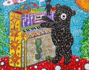 Boogie Bear, bear playing piano, folk art, Starroot, Giclee print 8x8" upright piano, Holiday gift,Holiday gift, Birthday gift
