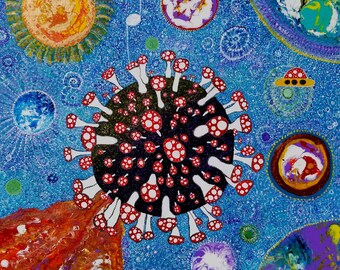 Transformation 8x8" Giclee Wall art, Covid 19 art, signed, visionary art, folk art, by Starroot