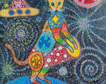 Drumming Space Cat, wall art, 8x12" giclee, by Starroot, cat, djembe, folk art, visionary art, space, Ufo, mouse, Easter