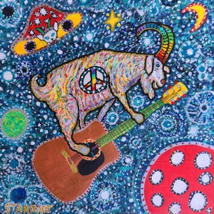 May include: Colorful painting of a goat playing a guitar in space. The goat has a peace sign on its side and rainbow-colored horns. The background is a blue galaxy with stars, planets, and a mushroom-shaped object.