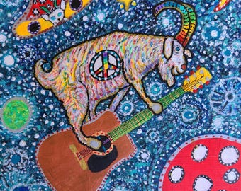 Billy Strings fans, Billy Goat's magic martin guitar, ride billy goat, Folk art, Martin guitar, Starroot, visionary art, goat, giclee signed