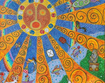 Sun, wall art, Giclee, signed, Starroot, visionary intuitive folk art, Mayan symbols, Xochipelli, sun 8x8"