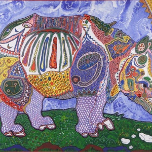 Rainbow Rhino, Rhinoceros, Folk art,  wall art, Visionary art, Animal art, 8x12&quot; self taught art,  gift, giclee print