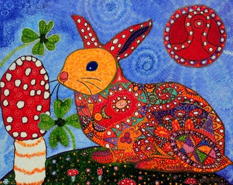 Magic Bunny Rabbit Mushroom 4 leaf clover Wall art amanita 16x20" folk art visionary art animal Good Luck Starroot folk art, Easter gift