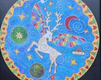 Flying Deer Spirit, Giclee, signed, 8x8", visionary art, Huichol/Wixarika related artist Starroot