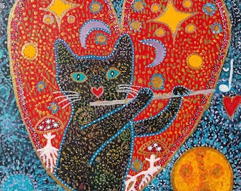 Heart song, black magic kitty playing silver flute, flute, black cat, music, signed 8x8" Giclee print, Birthday gift, Valentine gift