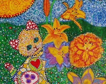 Flower Kitty, Cat,Love, 12x16" Giclee print on canvas, signed, Starroot, folk art, gift