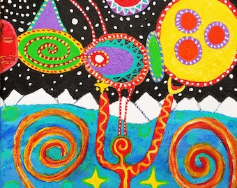 Starroot original abstract " Limitless imagination" 10x10"original painting acrylic on canvas, visionary art, folk art