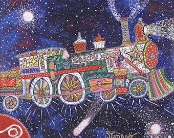 Starcity xpress, train, train art, wall art, 16x20, folk art, self taught art, space, steam engine Colonel  Holiday gift, Birthday gift