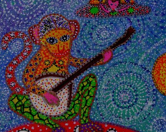 Banjo Monkey, 8x8" Giclee print on canvas with black border, folk artist Starroot, Holiday gift, Birthday gift