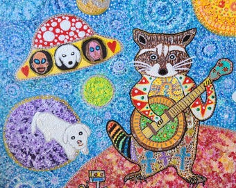 Possum, Banjo, Mars, music, folk art, visionary art, ufo, signed, 8x8" Starroot, Giclee, gift, Holiday gift, Blue grass, Old time music