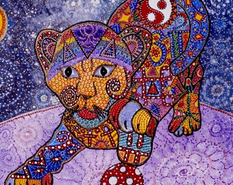 Tiger baby,  folk art by Starroot, signed Giclee print with black border 8x8", birthday gift, Holiday gift