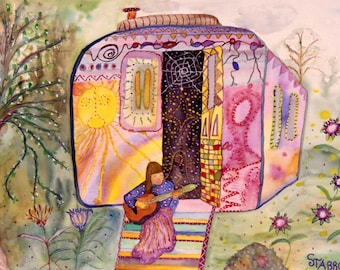 Gypsy Music, guitar, circus wagon, water color, 8x8" Starroot, Folk art, Visionary art, Holliday gift, Birthday gift