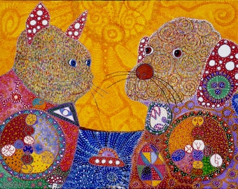 Dog cat "Unlimited Peace" by Starroot, Giclee wall art 12x8" signed Folk art Love Valentine's