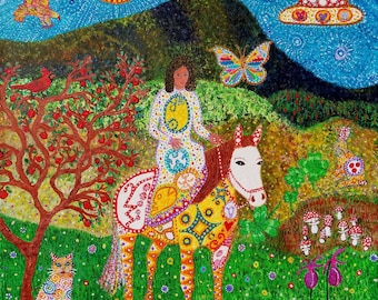 Magic Mountain Horse ride, giclee, 8x8" signed, wall art, by Starroot, folk art, visionary art, Mountains,