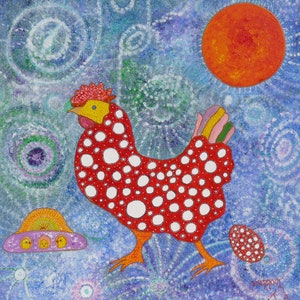 Magic Polka dot chicken, wall art, folk art, 8x8&quot;, space ship, Ufo, chicks, Folk art, Visionary art, gift