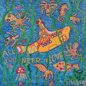 Under the sea, yellow submarine, Beatles, Octopus&#39;s garden, Starroot, visionary art, folk art, Giclee print 8x8&quot;,Holiday gift, Birthday gift