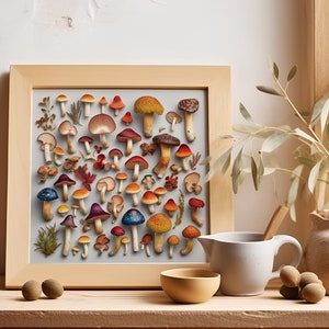 Digital Mushrooms Print | Fungi Poster Art Illustration | Cottage Core Room Decor | Realistic Mushroom | Wall Art Colorful Decor |