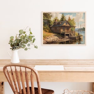 Cabin Series #2 - Printable Vintage Waterfront Cabin Print - Lakeside Cabin Print - Cottagecore Home Decor Wall Art Digital Download Artwork