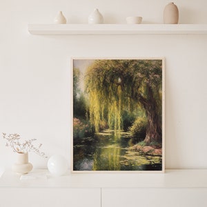 Vintage Weeping Willow Artwork - Digital Painting of Serene Pond and Flowers on a Sunny Day - Instant Download - Nature Wall Decor