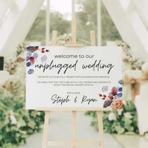 Floral bearbeitbare Unplugged Zeremonie Hochzeit Zeichen Canva Vorlage - Minimalist Kein Handy/kein Foto Canva Vorlage - druckbares Hochzeitsschild