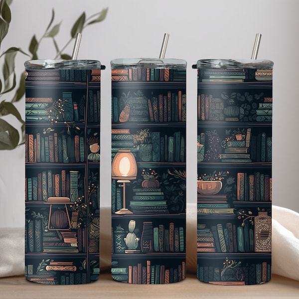 Book Lovers 20 oz Skinny Tumbler PNG Sublimation Design  Tumbler Design for Book Lovers & Plant Enthusiasts | Tumbler Wrap Bookshelf PNG