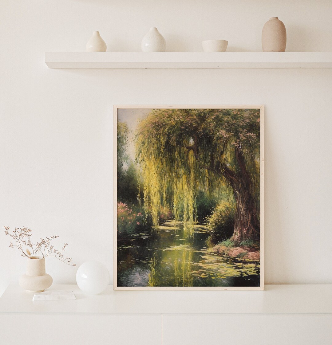 Vintage Weeping Willow Painting: Serene Pond Art Print (digital ...