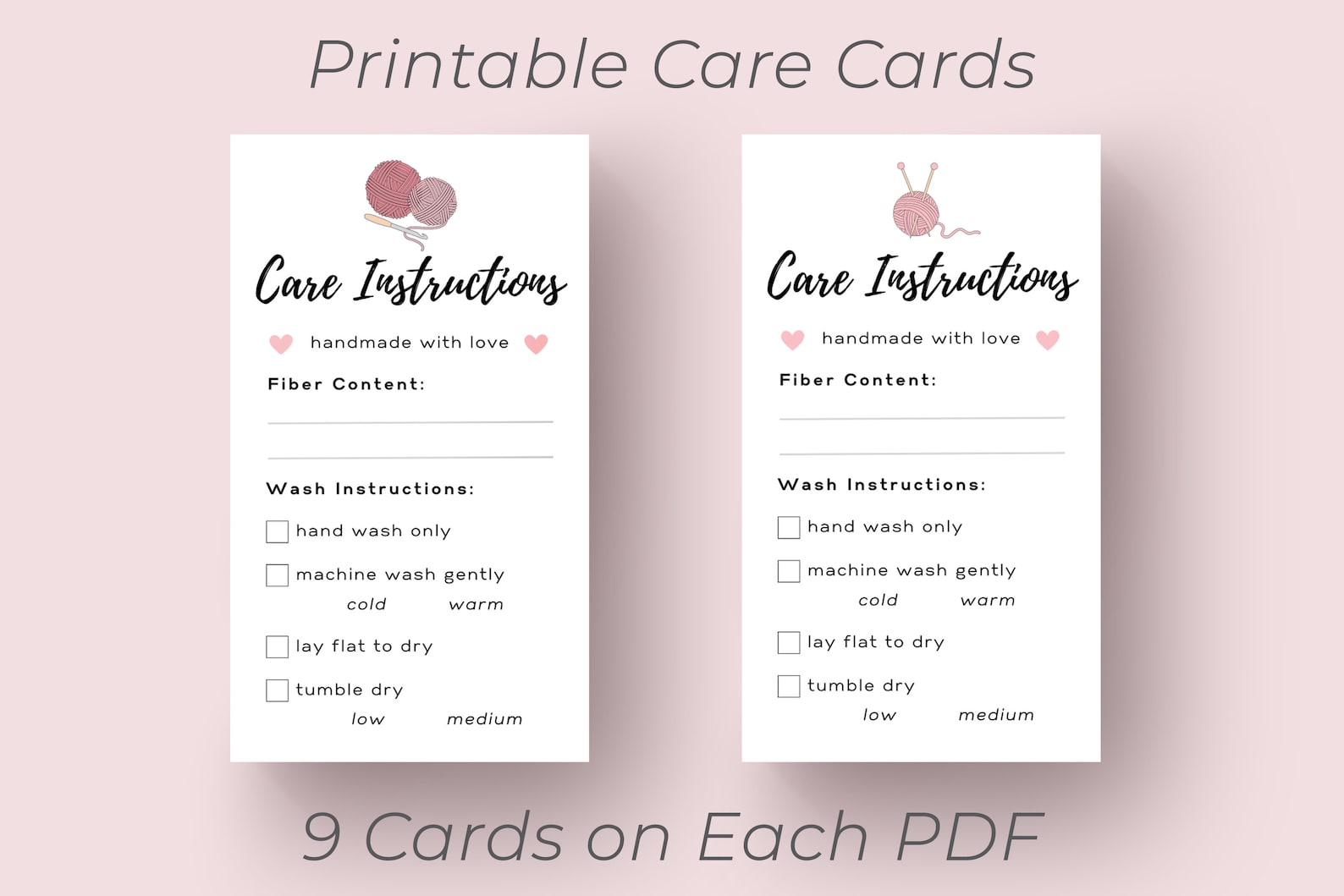 Printable Care Instruction Cards for Handmade Knitting & Crochet Items