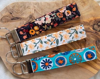 Handmade Floral Fabric Wristlet Keychain - 1" Cotton Key Fob