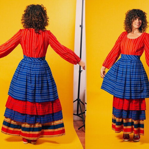 Shops 1969 vintage color block bishop sleeve ruffle dress