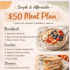 50 Dollar Weekly Meal Plan: Budget-Friendly, Simple, Delicious Recipes (Printable)