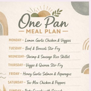 One Pan Meal Plan, Budget Friendly Recipes (Printable)