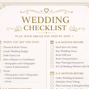 May include: A wedding checklist with a cream-colored background and elegant gold text. The checklist is divided into sections such as "When You Set the Date," "6-8 Months Before," and "The Week Before." It includes tasks like booking a venue, sending save-the-dates, and finalizing seating charts.