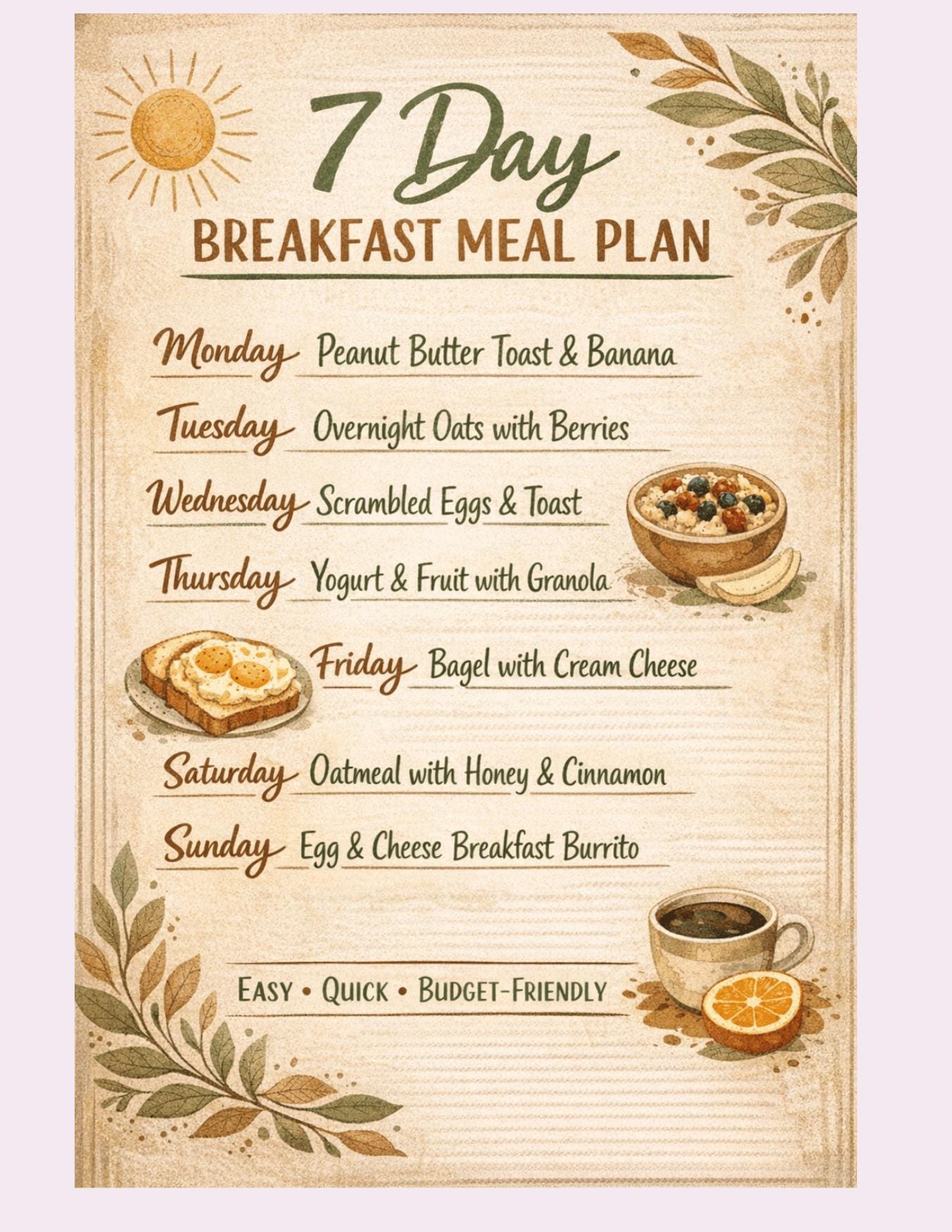 7 Day Breakfast Meal Plan: Easy, Budget-friendly Recipes (printable) - Etsy