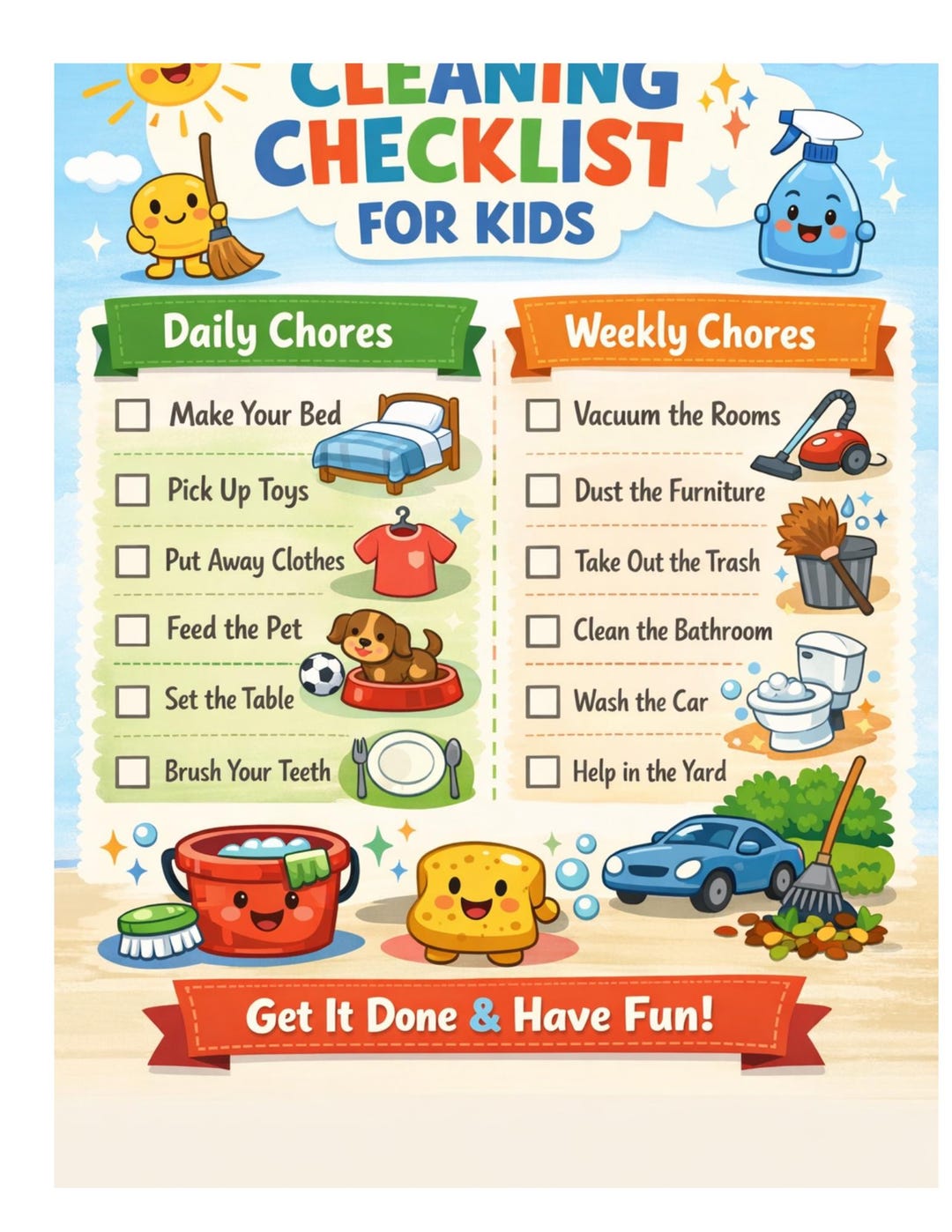 KIDS CLEANING CHECKLIST Printable/ Chore Chart for Kids/ Daily and ...