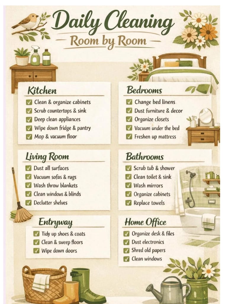 Daily Cleaning Checklist: Room by Room Printable Guide - Etsy